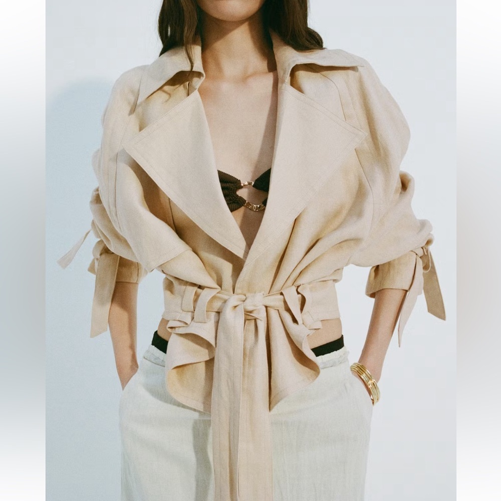 MANGO x VICTORIA BECKHAM 100% Linen Beige Tie-Waist Cropped Trench Jacket M - Picture 2 of 16